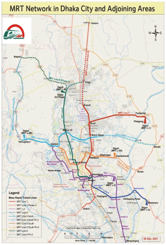 主に南北方向に延びる路線として1号線と6号線、主に東西方向に延びるルートとして、2号線、4号線、5号線がある。すべて完成すれば、ダッカ市内各所がメトロ（MRT）で接続される形となる。