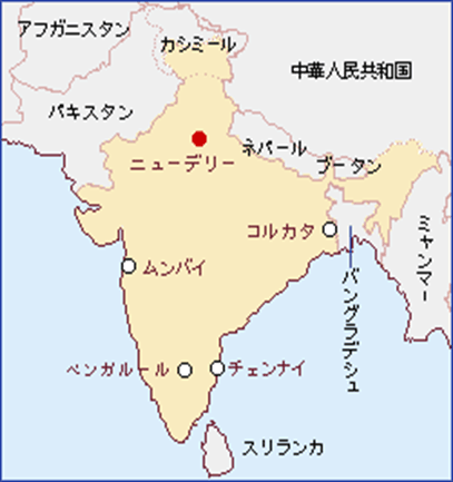 インドの各都市とスリランカの地図をあらわしています。スリランカはインドの南東部に位置しています。インドの南東部に位置するチェンナイからスリランカまでそれほど距離が離れていないことがわかります。