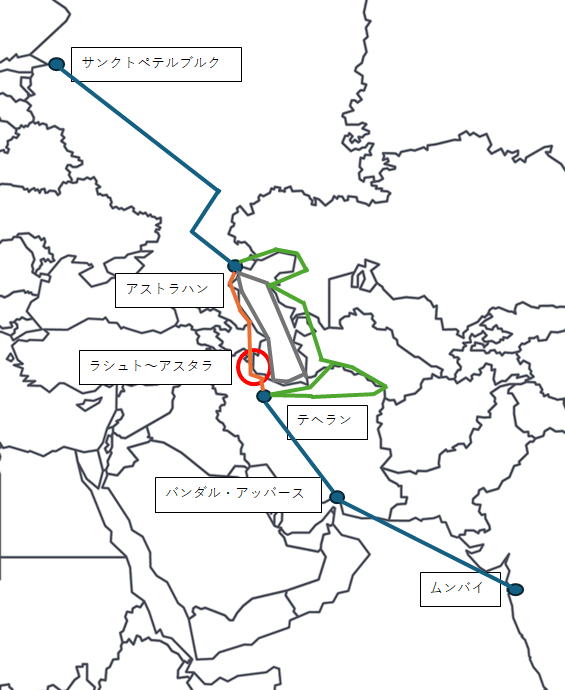 南北国際輸送路はロシアのサンクトペテルブルクからロシアのアストラハン、イランのテヘラン、イランのバンダル・アッバースを経由し、インドのムンバイまで結ぶ輸送路。途中経由するカスピ海周辺ではアゼルバイジャンを経由する西回りルート、カスピ海を縦断するルート、カザフスタン、ウズベキスタンを経由する東回りルートがある。