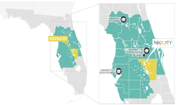 フロリダ州中部オーランド市近郊に位置するオセオラ郡では、最先端技術とイノベーションの中心地として、研究拠点都市ネオシティーの整備が進められている。