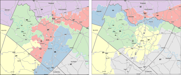 テキサス州都オースティン近郊の選挙区画を比較した地図。左が2022～2024年の選挙区画、 右が2025年8月29日に成立した新しい選挙区画を示している。改定された選挙区画により、 2026年の中間選挙では連邦下院の共和党支持の議席が5席増える見込み。