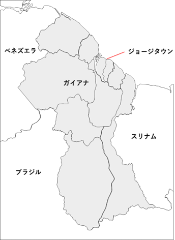 ガイアナは南米北部の大西洋沿岸に位置し、ブラジル、ベネズエラ、スリナムと国境を接している。