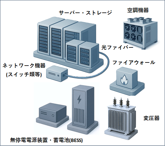 ラックに収納されたサーバー・ストレージ他、無停電電源装置や蓄電池システム、変圧器、ファイアウォール、スイッチ類等のネットワーク機器、そしてデータ転送は光ファイバーを通して行われる