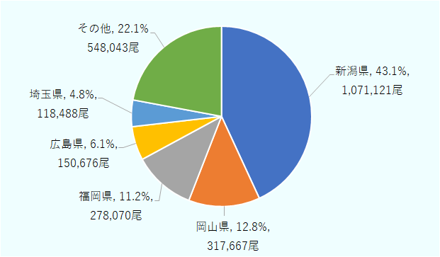 最も多いのは新潟県で、全体の43.1%を占め、販売尾数は1,071,121尾です。次いで岡山県が12.8%（317,667尾）、福岡県が11.2%（278,070尾）、広島県が6.1%（150,676尾）、埼玉県が4.8%（118,488尾）となっています。その他の都道府県は合計で22.1%を占め、販売尾数は548,043尾です。このデータから、新潟県が圧倒的に多く、錦鯉販売の中心地であることがわかります。岡山県と福岡県も比較的大きな割合を持ち、広島県や埼玉県は中程度の割合です。一方、その他の地域も全体の約5分の1を占めており、一定の販売量があります。 