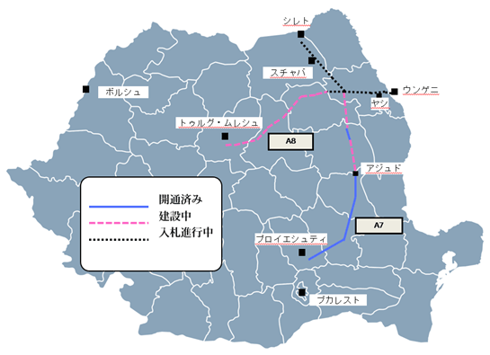 A7高速道路はルーマニア東部を南北に走り、ブカレストの北方に位置するプロイエシュティから、ウクライナとの国境都市シレト近くのスチャバまでを結ぶ。プロイエシュティ〜アジュド間はすでに開通している。A8高速道路はトランシルバニア地方のトゥグル・ムレシュを起点とし、ヤシを通過してモルドバとの国境都市ウンゲニに至るが、いずれの区間も建設中または入札進行中。 