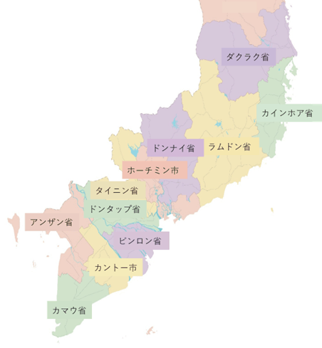今回調査対象の中部沿岸・高原地域3省、南東地域2省、メコンデルタ地域1市4省を含む。 