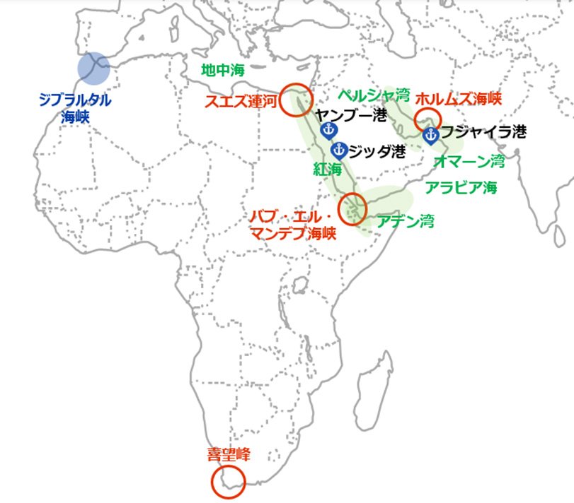 ホルムズ海峡、スエズ運河、喜望峰など物流の要衝の位置および、ペルシャ湾、紅海、アデン湾の位置を示す。日本との距離間や、サウジアラビアは紅海側のヤンブー港、UAEのオマーン湾沿いのフジャイラ港の位置もします。 