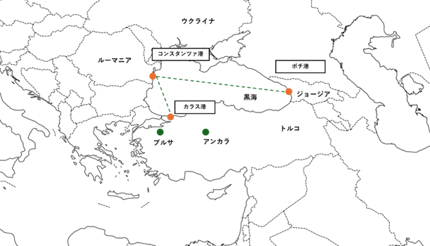 コンスタンツァ港はルーマニア東部、黒海西岸に位置する。ポチ港はジョージア西部、黒海東岸に位置する。カラス港はトルコ北西部、黒海の南岸に位置する。 