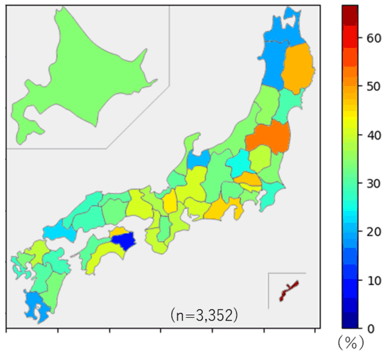 沖縄県（66.7%）をはじめ、岩手県、福島県、埼玉県、静岡県、滋賀県などで影響を受けている企業の割合が高い。