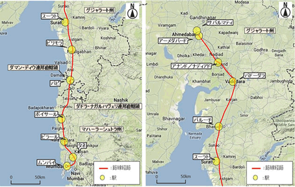 ムンバイ～アーメダバード間高速鉄道計画（MAHSR）の路線図。ムンバイ、タネ、ビラール、ボイサール、バピ、ビリモラ、スーラト、バルーチ、バドーダラー、アナンド／ナディアド、アーメダバード、サバルマティ。 