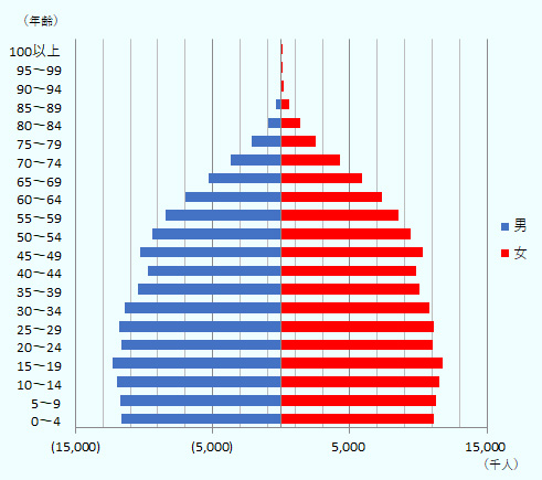 インドネシアの人口構造の変化予想を示す。単位は1,000人。0-4歳、男11,614、女11,109。 5-9歳、男11,761、女11,254。 10-14歳、男12,006、女11,487 15-19歳、男12,326、女11,790。 20-24歳、男11,658、女10,995。 25-29歳、男11,798、女11,080。 30-34歳、男11,414、女10,804。 35-39歳、男10,432、女10,069。 40-44歳、男9,718、女9,795。 45-49歳、男10,241、女10,312。 50-54歳、男9,396、女9,417。 55-59歳、男8,441、女8,512。 60-64歳、男7,015、女7,318。 65-69歳、男5,311、女5,864。 70-74歳、男3,717、女4,280。 75-79歳、男2,126、女2,538。 80-84歳、男920、女1,395。 85-89歳、男349、女613。 90-94歳、男86、女193。 95-99歳、男11、女30。 100際以上、男1、女3。