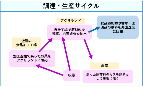 現地の収穫物や近隣の食品加工工場で余った野菜などを活用。 アグリランドの自社工場で原材料を乾燥、必要成分を抽出し、有機の食品添加物や香水・医薬品の原料を生成。外国企業に販売している。 余った原材料のカスは肥料として農家へ。