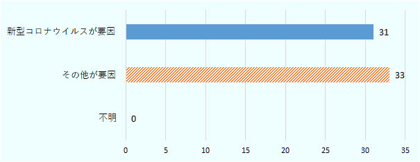 アルゼンチン進出日本企業2020年の営業利益見込みが「悪化」となった理由の選択肢「現地市場での売り上げ減少」「為替変動」「輸出低迷による売り上げ減少」「人件費の上昇」「調達コストの上昇」「その他支出（管理費、光熱費、燃料費等）の増加」「販売価格への不十分な転嫁」「その他」において、それぞれ「新型コロナウイルスが要因」「その他が要因」「不明」と回答した企業数を合計した数を表した図。要因は重複回答がある。「新型コロナウイルスが要因」は31社、「その他が要因」は33社、「不明」は0社。
