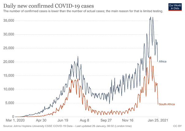 アフリカは1日当たりの新規感染者数は2020年7月25日の2万650人をピークに、その後は徐々に減少していた。10月以降はも感染が第1波を超えるペースで拡大し、2020年末には第2波を迎えている。アフリカにおける新型コロナウイルスの累計感染者数は、1月24日時点で343万8,133人に達した。南アフリカでは7月に1日当たり新規感染者が平均1万人以上を記録した後、8月以降は1日2,000人を下回っていたが、11月に感染が再び拡大した。1月中旬には一日あたり新規感染者数が過去最多の1万9,042人を超えた。 