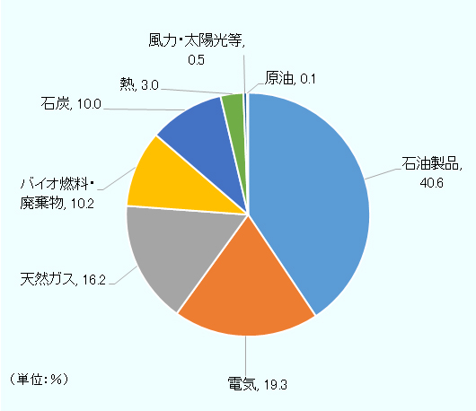 石油製品40.6%、電気19.3%、天然ガス16.2%、バイオ燃料・廃棄物10.2%、石炭10.0%、熱3.0%、風力・太陽光等0.5%、原油0.1%。