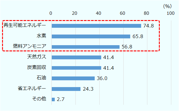 石油(36.0%)や天然ガス(41.4%)を大きく上回り、再生可能エネルギー(74.8%)、水素(65.8%)、燃料アンモニア(56.8%)などの脱炭素分野への関心が高くなった。