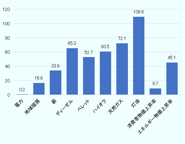 2021年6月から2022年6月。単位は%。電力0.2、地域暖房16.6、薪33.9、ディーゼル65.3、パレット52.7、ハイオク60.5、天然ガス72.1、灯油109.6、消費者物価上昇率8.7、エネルギー物価上昇率45.1。