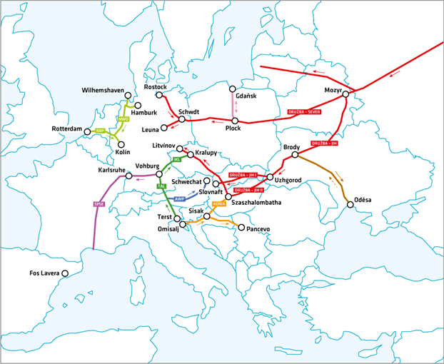 チェコはチェコはロシアを起点としてベラルーシ・ウクライナ・スロバキアを経由するパイプライン「ドルージュバ」と、イタリアを起点とするパイプライン「TAL」にドイツで接続しているパイプライン「IKL」を介して輸入しています。