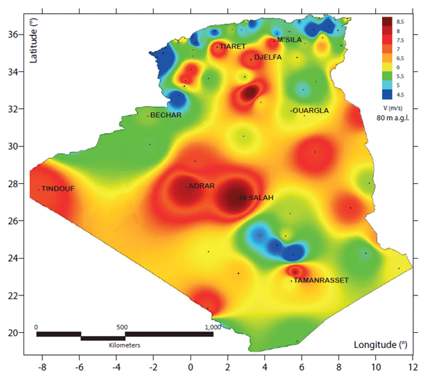 アルジェリアには、対地高度80mで平均風速1秒あたり7～8mとなる地域 が点在していて、特に中部に集中している。 