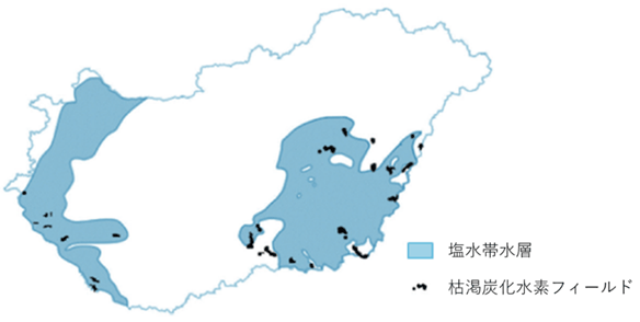 塩水帯水層および枯渇炭化水素フィールドは、西部および南東部に集中して存在しています。