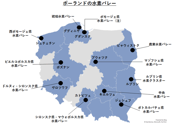 11の水素バレーについて、北から東へ時計回りに、グディニヤに、琥珀水素バレー。その東のグダンスクに、ポモージュ県水素バレー。ビャウィストクに、農業水素バレー。プウォツクに、マゾフシェ県水素バレー。ルブリンに、ルブリン県水素クラスター。キエルツェに、中央水素バレー。ジェシュフに、ポトカルパチェ県水素バレー。カトビツェに、シロンスク県・マウォポルスカ県水素バレー。ヴロツワフに、ドルヌィ・シロンスク県水素バレー。ポズナンに、ビエルコポルスカ県水素バレー。シュチェチンに、西ポモージュ県水素バレー。なお、ポモージュ県水素バレーは、水素戦略以前より、2019年に自治体、水素・クリーンコールテクノロジークラスター、グディニャ港、国営鉄道用燃料会社ＰＫＰエネルゲティカなどにより設置。 