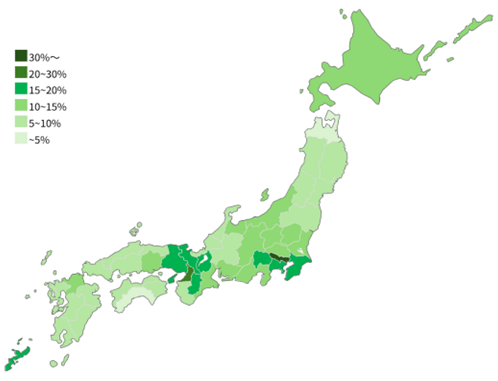 日本地図にて、全外国人労働者数に占める技人国の労働者数の割合で各都道府県を色分け。一般的に、東京を中心とした関東圏や、大阪を中心とした関西圏で20％を上回る高い水準となっている一方で、地方では一部の県で5％を下回るなど全体的に低い傾向にある。 