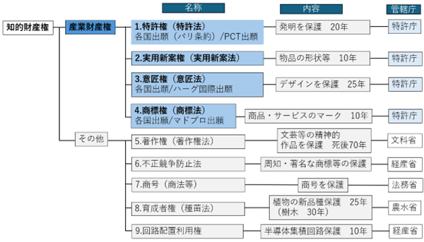 知的財産権は大きく「産業財産権」と「それ以外」にわけることができる。「産業財産権」とは、特許法に保護される「特許権」、実用新案法による「実用新案権」、意匠法による「意匠権」、商標法に保護されている「商標法」の４つ。それぞれの内容を説明すると、特許権は「発明の保護　20年」、実用新案権は「物品の形状等の保護　10年」、意匠権は「デザインの保護　25年」、商標権は「商品・サービスのマークの保護　10年」となっている。なお、これらすべての管轄庁はは特許庁である。一方、「それ以外」の知的財産権は、「著作権」「不正競争防止法」「商号（商法等）」「育成者権（種苗法）」「回路配置利用権」の５つ。著作権は文科省の管轄で、その内容は「文芸等の精神的作品を保護　死後70年」。不正競争防止法は「周知・著名な商標等の保護」を目的とし、管轄は経産省。商号は法務省の管轄で、「商号の保護」を、育成者権は農水省で「25年の植物の新品種保護（樹木は30年）」を、そして、回路配置利用権は、経産省が「10年の半導体集積回路の保護」を目的として定められている。 