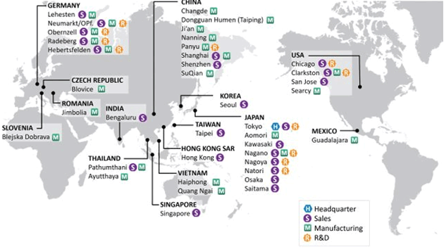 スミダコーポレーションの国内外拠点を示した図。 