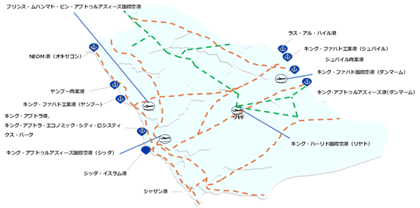サウジアラビアは、西は紅海、東はアラビア湾に面し、両地域に港湾が集積している。政府直轄の港や、空港、鉄道が存在する。 