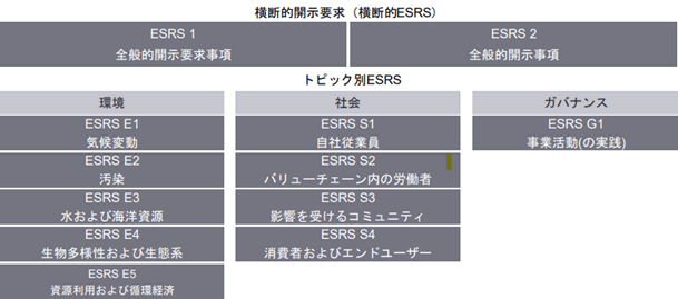 横断的開示要求（横断的ESRS）とトピック別ESRS（環境・社会・ガバナンス）から成る。横断的ESRSは、ESRS1「全般的開示要求事項」、ESRS2「全般的開示事項」から成る。トピック別ESRSの環境分野は、ESRS E1「気候変動」、ESRS E2「汚染」、ESRS E3「水および海洋資源」、ESRS E4「生物多様性および生態系」、ESRS E5「資源利用および循環経済」。社会分野は、ESRS S1「自社従業員」、ESRS S2「バリューチェーン内の労働者」、ESRS S3「影響を受けるコミュニティ」、ESRS S4「消費者およびエンドユーザー」。ガバナンス分野は、ESRS G1「事業活動（の実践）」。