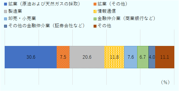 鉱業（原油および天然ガスの採取）30.6％、鉱業（その他）7.5％、製造業20.6％、情報通信11.8％、卸売・小売業7.6％、金融仲介業（商業銀行など）6.7％、その他の金融仲介業（証券会社など）4.0％、その他11.1％。 