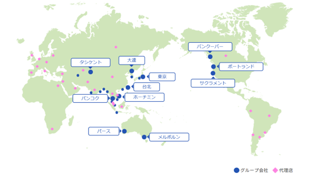 本社・海外支店等、子会社、グループ会社のある国・地域は、オーストラリア、カンボジア、カナダ、中国、インド、インドネシア、日本、韓国、ミャンマー、スリランカ、台湾、タイ、米国、ウズベキスタン、ベトナム。代理店のある国・地域は、アルゼンチン、イギリス、イタリア、インドネシア、ウクライナ、ウズベキスタン、ウルグアイ、オランダ、オーストラリア、カナダ、カザフスタン、キルギス、クウェート、ケニア、サウジアラビア、シリア、スイス、スペイン、タイ、チェコ、中国、香港、チリ、ドイツ、トルコ、ニュージーランド、パキスタン、フィリピン、フィンランド、フランス、ブラジル、米国、ペルー、ベルギー、マレーシア、南アフリカ、モーリシャス、ラトビア、リヒテンシュタイン、ルーマニア、ロシア、ヨルダン、アラブ首長国連邦。 
