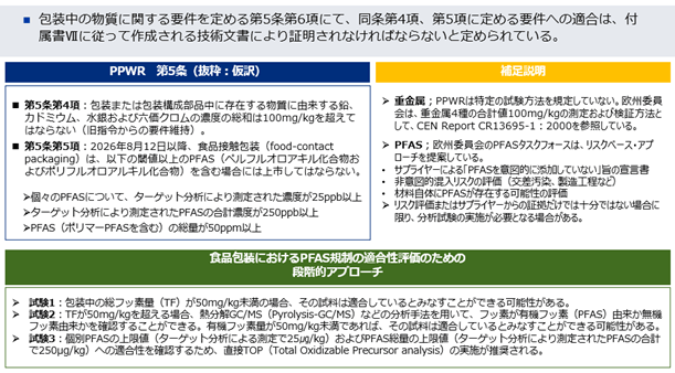 包装中の物質に関する要件を定める第5条第6項にて、同条第4項、第5項に定める要件への適合は、付属書Ⅶに従って作成される技術文書により証明されなければならないと定められている。PPWR　第5条（抜粋：仮訳）。第5条第4項：包装または包装構成部品中に存在する物質に由来する鉛、カドミウム、水銀および六価クロムの濃度の総和は100mg/kgを超えてはならない（旧指令からの要件維持）。第5条第5項：2026年8月12日以降、食品接触包装（food-contact packaging）は、以下の閾値以上のPFAS（ペルフルオロアキル化合物およびポリフルオロアルキル化合物）を含む場合には上市してはならない。個々のPFASについて、ターゲット分析により測定された濃度が25ppb以上。ターゲット分析により測定されたPFASの合計濃度が250ppb以上。PFAS（ポリマーPFASを含む）の総量が50ppm以上。補足説明。重金属；PPWRは特定の試験方法を規定していない。欧州委員会は、重金属4種の合計値100mg/kgの測定および検証方法として、CEN Report CR13695-1/2000を参照している。PFAS；欧州委員会のPFASタスクフォースは、次のような段階的な証拠書類の作成を推奨している。サプライヤーによる「PFASを意図的に添加していない」旨の宣言書。非意図的混入リスクの評価（交差汚染、製造工程など）。材料自体にPFASが存在する可能性の評価。リスク評価またはサプライヤーからの証拠だけでは十分ではない場合に限り、意図せず混入したPFAS（non-intentionally added PFAS）について分析試験を実施（ただし、この点は明示的に規定されているわけではない）。食品包装におけるPFAS規制の適合性評価のための段階的アプローチ。試験1：包装中の総フッ素量（TF）が50mg/kg未満の場合、その試料は適合しているとみなすことができる可能性がある。試験2：TFが50mg/kgを超える場合、熱分解GC/MS（Pyrolysis-GC/MS）などの分析手法を用いて、フッ素が有機フッ素（PFAS）由来か無機フッ素由来かを確認することができる。有機フッ素量が50mg/kg未満であれば、その試料は適合しているとみなすことができる可能性がある。試験3：個別PFASの上限値（ターゲット分析による測定で25㎍/kg）およびPFAS総量の上限値（ターゲット分析により測定されたPFASの合計で250μg/kg）への適合性を確認するため、直接TOP（Total Oxidizable Precursor analysis）の実施が推奨される。PFASタスクフォースのプレゼンテーション（2026年5月20日）は異なるアプローチを提案。ステップ1：情報収集/適合性評価手順の説明。ステップ2：総フッ素量（TF）の測定。TFが10ppm未満の場合→当該試料は適合とみなされる。TFが10～50ppmの場合→ステップ4に進む。TFが50ppm超の場合→フッ素がPFAS由来なのか、非PFAS由来なのかを測定するため、ステップ3に進む。ステップ3：有機フッ素のスクリーニング。熱分解GC-MS（Pyrolysis GC-MS）を用いてPFAS特有の化学構造を検出。検出された場合、当該試料は不適合と判断される。検出されなかった場合、PFAS濃度基準を超過しているリスクは低いと考えられる。ステップ4：前駆体を分解した後（例：TOPアッセイ）に、対象PFAS分析を実施する。 