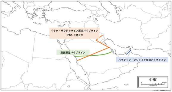 サウジアラビアのペルシャ湾と紅海を東西原油パイプラインがつなぐ。イラクとサウジアラビアをつなぐ、イラク・サウジアラビア原油パイプライン(IPSA)は休止中だ。UAEには、ハブシャン・フジャイラ原油パイプラインがあり、ペルシャ湾内からホルムズ海峡を通らずにオマーン湾の港のフジャイラまでつながっている。