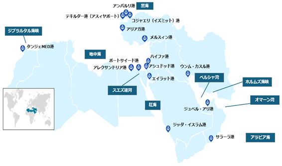 本稿で触れる港湾の位置関係を図示。ジブラルタル海峡に面するタンジェMED港や、東地中海のアンバーリ港、イズミット港は喜望峰経由の船舶の積替港として需要を伸ばす。スエズ運河を抱えるエジプトや、紛争当事国イスラエルも、地中海側の港湾の需要は堅調だ。 