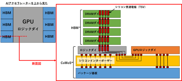 CoWoS-S技術を用いたAIアクセラレーターの構造を示す概略図である。上から見た図では、中央のGPUロジックダイの周囲を複数のHBMが取り囲み、全体がCoWoS-Sパッケージ上に実装されている。横から見た断面図では、GPUロジックダイとHBMがシリコンインターポーザー上に配置され、HBM内部ではシリコン貫通電極（TSV）によって複数のDRAMダイが積層接続されていることを示す。パッケージ基板の上にシリコンインターポーザー、その上にGPUロジックダイとHBMを搭載する先端パッケージング構造を表している。