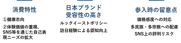 『消費特性』では①健康志向、②体験価値の重視、SNS等を通じた自己表現ニーズの拡大を、『日本ブランド受容性の高さ』ではルックイーストポリシーや訪日経験による認知向上を、『参入時の留意点』では価格感度への対応、多民族・多宗教への配慮、SNS上の評判リスクを示している。 