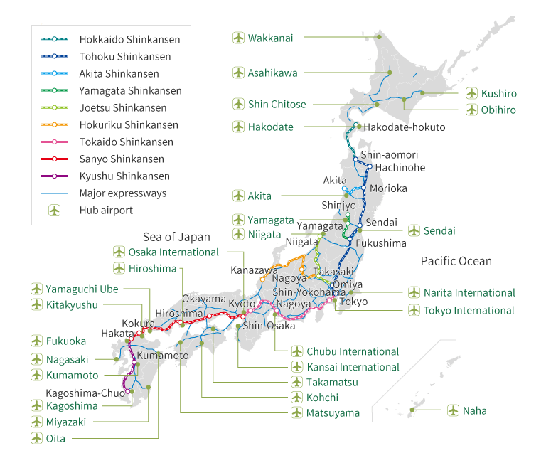 Flight access from the Kansai International Airport to major Asian business districts. Within 2 hours: Busan (Korea) 1 hour and 3 minutes, Seoul (Korea) 1 hour and 50 minutes. Within 3 hours: Dalian (China) 2 hours 3 minutes, Shanghai (China) 2 hours 25 minutes. Within 4 hours: Taipei, Taoyuan (Taiwan) 3 hours 10 minutes, Tainan (Taiwan) 3 hours 45 minutes, Hong Kong 3 hours 50 minutes, Guangzhou (China) 4 hours