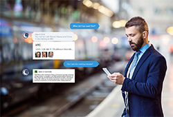 A photo of imagined use of Cofame, Inc.’s chatbot to query when last a user met with a specified contact, then return minutes from that meeting. Cofame, Inc.’s chatbot searches multiple sources to return results about business contacts; courtesy of Cofame, Inc.