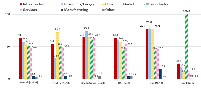 Looking at promising business fields in the region as a whole, the majority of companies consider “infrastructure” (63.0%), “resources and energy” (57.1%), the “consumer market” (54.2%), “new industries” (51.3%) and “services” (50.0%) to be the most promising (multiple responses). 