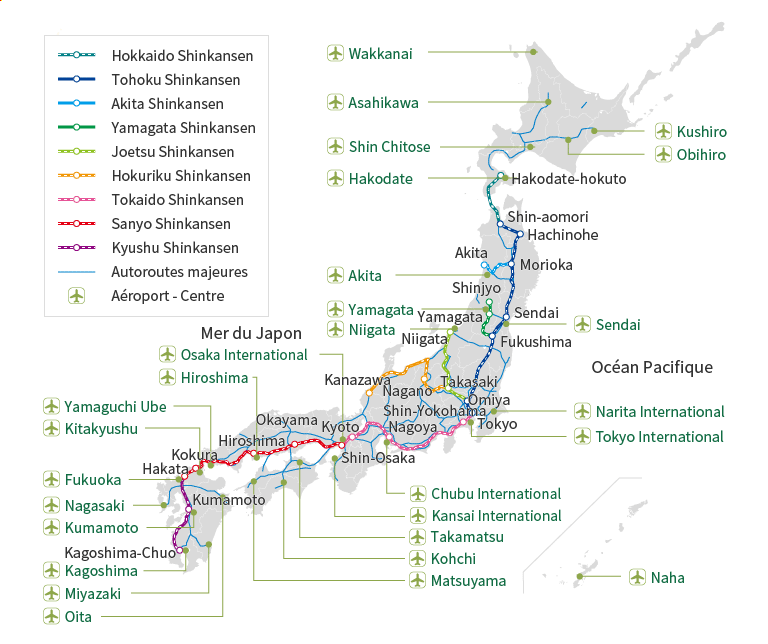 ・ Shinkansen : Hokkaido Shinkansen, Tohoku Shinkansen, Akita Shinkansen, Yamagata Shinkansen, Joetsu Shinkansen, Hokuriku Shinkansen, Tokaido Shinkansen, Sanyo Shinkansen et Kyushu Shinkansen. ・ Noms de stations : Shin-Aomori, Hachinohe, Akita, Morioka, Shinjo, Yamagata, Sendai, Fukushima, Niigata, Nagano, Takasaki, Omiya, Tokyo, Shin-Yokohama, Nagoya, Kyoto, Shin-Osaka, Okayama, Hiroshima, Kokura, Hakata, Kumamoto, Kagoshima-Chuo. ・ Aéroports hubs : Wakkanai, Asahikawa, Kushiro, Shin-Chitose, Hakodate, Akita, Yamagata, Niigata, Sendai, Narita International, Tokyo International, Chubu International, Osaka International, Kansai International, Takamatsu, Kochi, Matsuyama, Hiroshima, Yamaguchi Ube, Kita-Kyushu, Fukuoka, Nagasaki, Kumamoto, Kagoshima, Miyazaki, Oita, Naha.