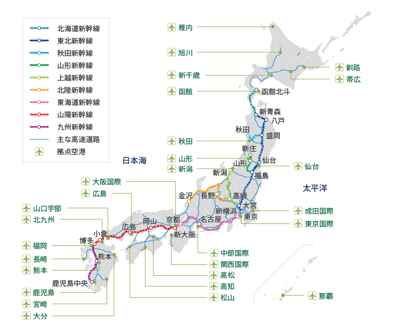 ・新幹線： 北海道新幹線、東北新幹線、秋田新幹線、山形新幹線、上越新幹線、北陸新幹線、東海道新幹線、山陽新幹線、九州新幹線。 ・駅名： 新青森、八戸、秋田、盛岡、新庄、山形、仙台、福島、新潟、長野、高崎、大宮、東京、新横浜、名古屋、京都、新大阪、岡山、広島、小倉、博多、熊本、鹿児島中央。・拠点空港： 稚内、旭川、釧路、帯広、新千歳、函館、秋田、山形、新潟、仙台、成田国際、東京国際、中部国際、大阪国際、関西国際、高松、高知、松山、広島、山口宇部、北九州、福岡、長崎、熊本、鹿児島、宮崎、大分、那覇。 