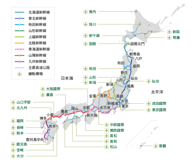 新幹線：北海道新幹線、東北新幹線、秋田新幹線、山形新幹線、上越新幹線、北陸新幹線、東海道新幹線、山陽新幹線、九州新幹線。 站名：新青森、八戶、秋田、盛岡、新庄、山形、仙台、福島、新潟、長野、高崎、大宮、東京、新橫濱、名古屋、京都、新大阪、岡山、廣島、小倉、博多、熊本、鹿兒島中央。 機場：稚內、旭川、釧路、帶廣、新千歲、函館、秋田、山形、新潟、仙台、成田國際、東京國際、中部國際、大阪國際、高松、高知、松山、廣島、山口宇部、北九州、福岡、長崎、熊本、鹿兒島、大分、那霸。 