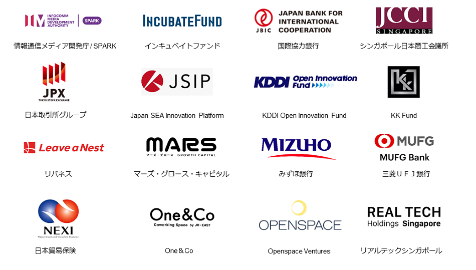 サポーターのロゴ。IMDA_SPARK, Incubate Fund, JBIC, JCCI, JPX, JSIP, KDDI Open Innovation Fund, KK Fund, Leave a Nest, Mars Growth, Mizuho, MUFG, NEXI, One＆Co, OpenSpace Ventures, Real Tech Holdings。 