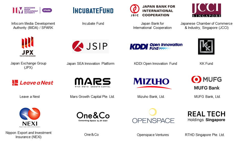Logo of Supporters: aIMDA_SPARK, Incubate Fund, JBIC, JCCI, JPX, JSIP, KDDI Open Innovation Fund, KK Fund, Leave a Nest, Mars Growth, Mizuho, MUFG, NEXI, One＆Co, OpenSpace Ventures, Real Tech Holdings.