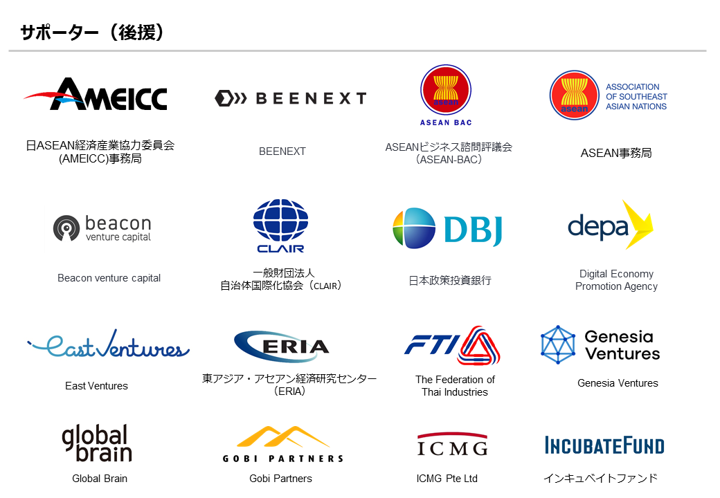  AEM-METI Economic and Industrial Cooperation Committee (AMEICC) Secretariat, BEENEXT, beacon venture capital, ASEAN Business Advisory Council (ASEAN-BAC), ASEAN Secretariat (ASEC), Council of Local Authorities for International Relations（CLAIR）, DBJ, depa, East Ventures, Economic Research Institute for ASEAN and East Asia (ERIA), FTI, Genesia Ventures, Global Brain, Gobi Partners, 