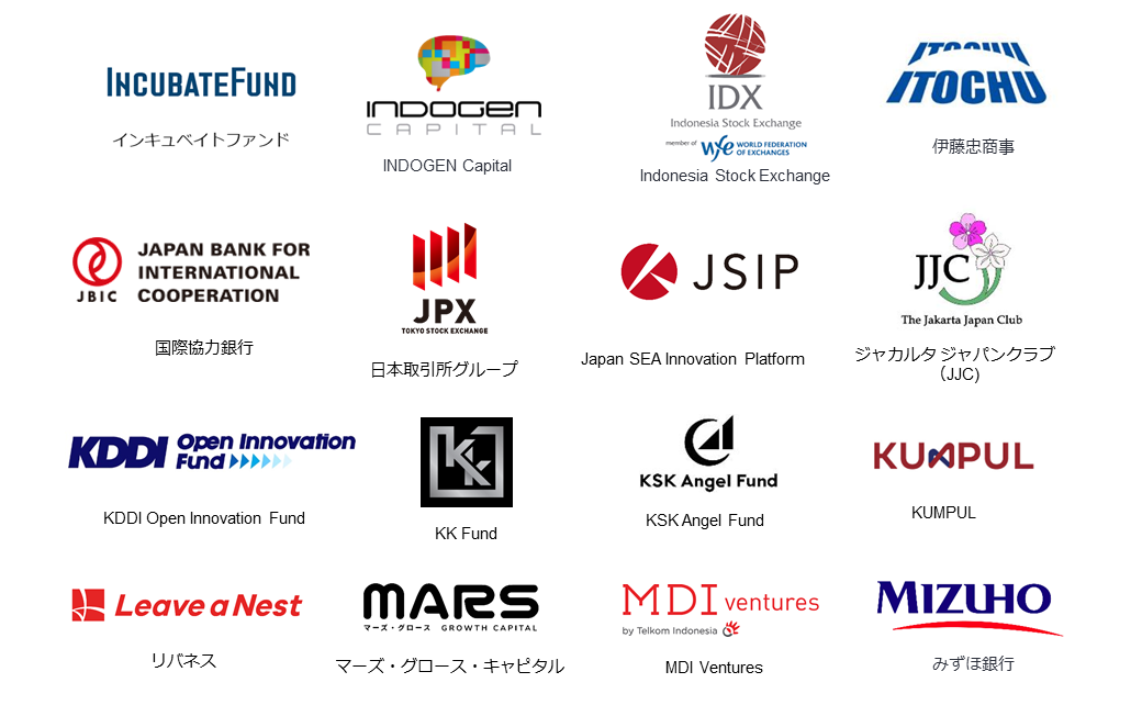  incubate fund , indogen capiital , indonesia stock exchange , itochu corporation , jbic , jpx , jsip , jjc , kddi , kk fund , ksk angel fund , kumpul , leave a next , mars growth capital pte. ltd. , mdi ventures , mizuho bank. ltd. 