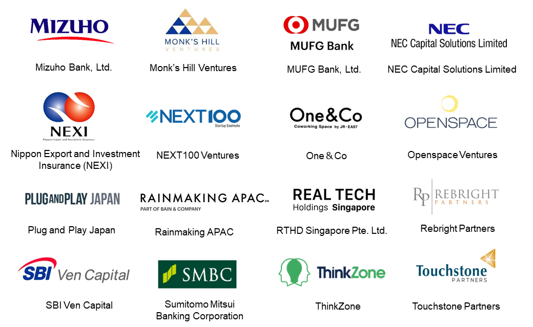 Supported by mizuho bank. ltd. monk's hill ventures , mufg , nec capital solutions limited , nexi , next 100 , one & co , openspace ventures , plug and play Japan , rainmaking apac , real tech Singapore , rebright partners , sbi ven capital , smbc , Thinkzone , touchstone 