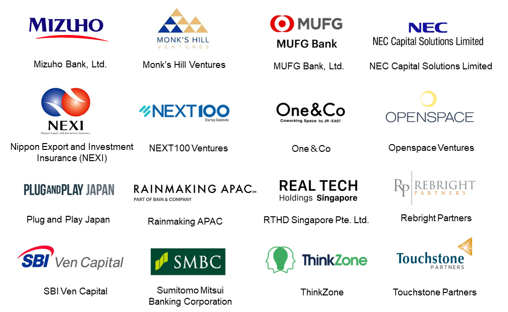 Supported by mizuho bank. ltd. monk's hill ventures , mufg , nec capital solutions limited , nexi , next 100 , one & co , openspace ventures , plug and play Japan , rainmaking apac , real tech Singapore , rebright partners , sbi ven capital , smbc , Thinkzone , touchstone