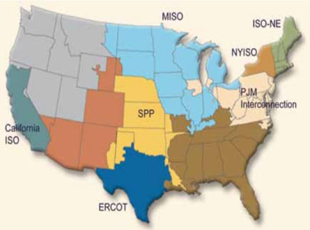 カリフォルニア ISO：カリフォルニア州の約80％をカバー。ERCOT：テキサス州の約85％をカバー。SPP：ネブラスカ州、アイオワ州、カンザス州、オクラホマ州、ニューメキシコ州、ミズーリ州、アーカンソー州、ルイジアナ州の一部ないし全部をカバー。MISO：モンタナ州、ノースダコタ州、サウスダコタ州、ミネソタ州、ウィスコンシン州、アイオワ州、ミズーリ州、ケンタッキー州、インディアナ州など中西部の一部ないし、全部をカバー。ISO-NE：ニューイングランド地域をカバー。NYISO：ニューヨーク州をカバー。PJM：インターコネクション デラウェア州、イリノイ州、インディアナ州、ケンタッキー州、メリーランド州、ミシガン州、ニュージャージー州、ノースカロライナ州、オハイオ州、ペンシルバニア州、テネシー州、バージニア州、ウェスト・バージニア州、コロンビア特別区をカバー。 